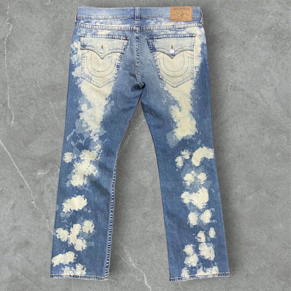 True Religion Straight Leg Bleached Distressed Denim Blue Jeans Men's Size 40
